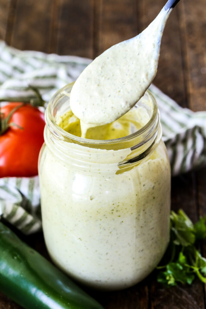 Creamy tomatillo ranch dressing, a cilantro lime dressing great for Mexican food