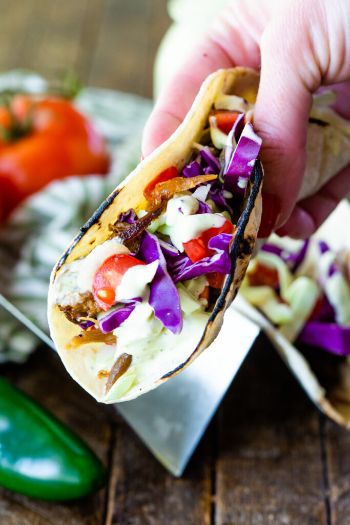 Tomatillo dressing on a taco