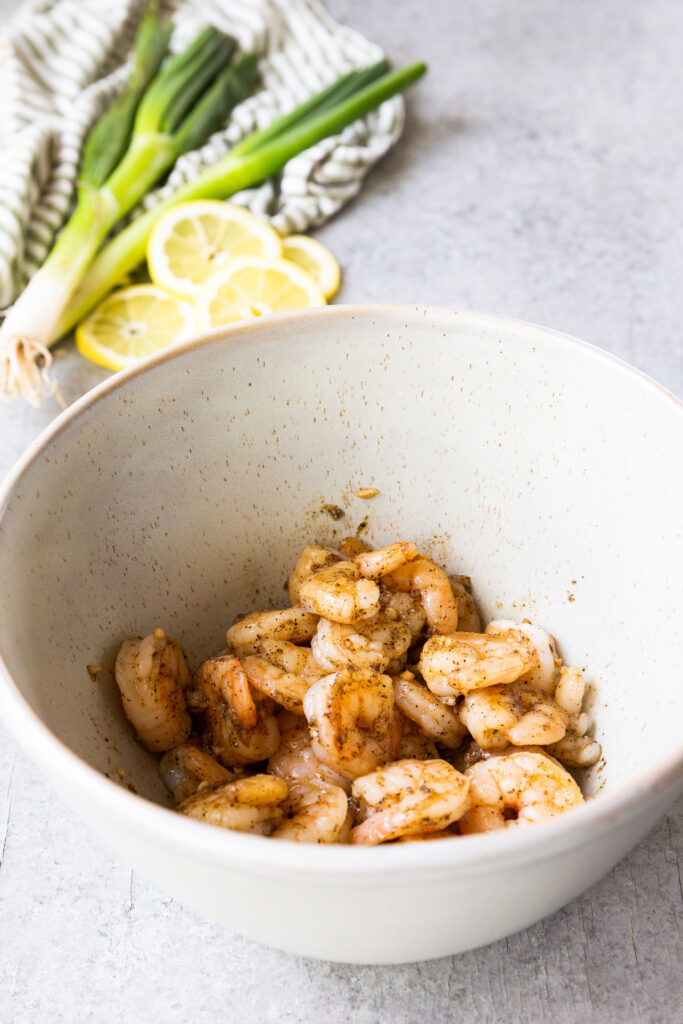 Cooked shrimp ready to be tossed with the rest of the ingredients