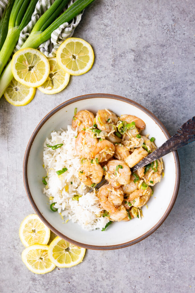 Lemon garlic shrimp served with rice