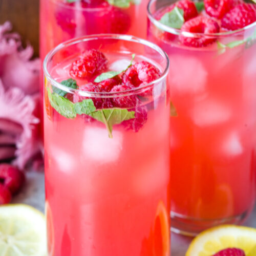 Glasses of raspberry lemonade. Cool, refreshing, sweet, delicious lemonade.