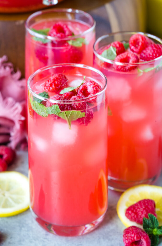 Glasses of raspberry lemonade. Cool, refreshing, sweet, delicious lemonade.