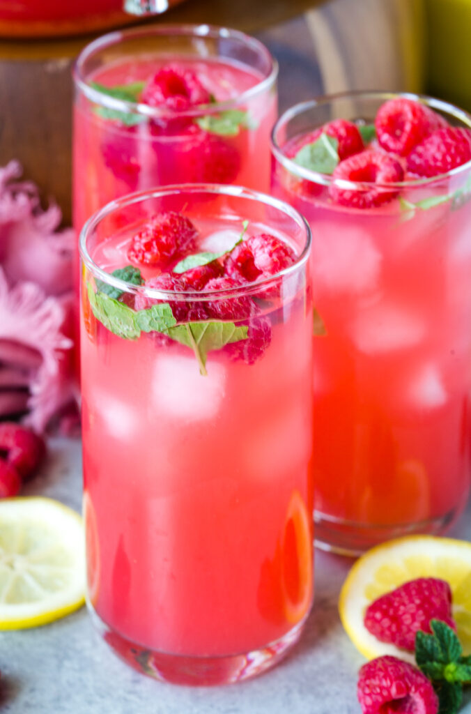 Glasses of raspberry lemonade. Cool, refreshing, sweet, delicious lemonade. 