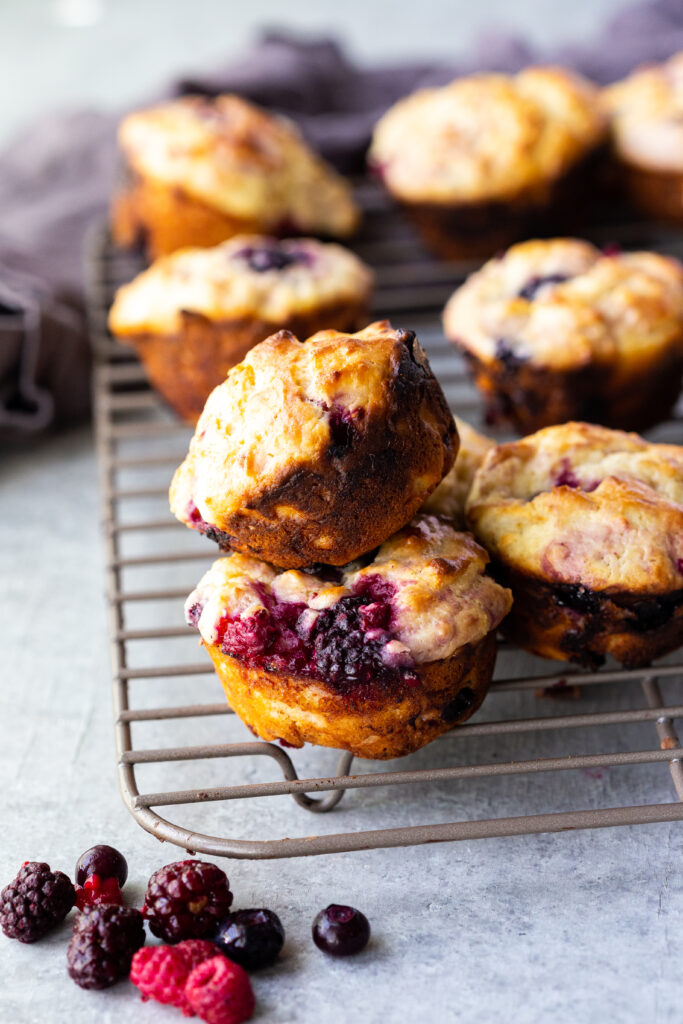 Triple berry muffins: delicious tender, fluffy muffins with a moist texture and loaded with summer berries