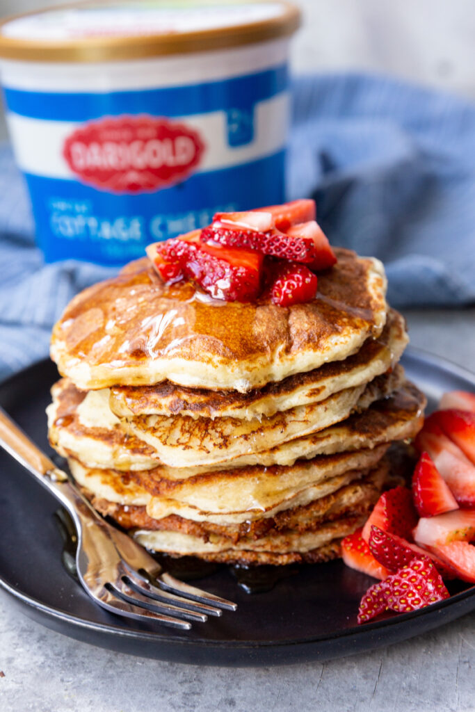 Cottage cheese pancakes, a great high protein pancake option
