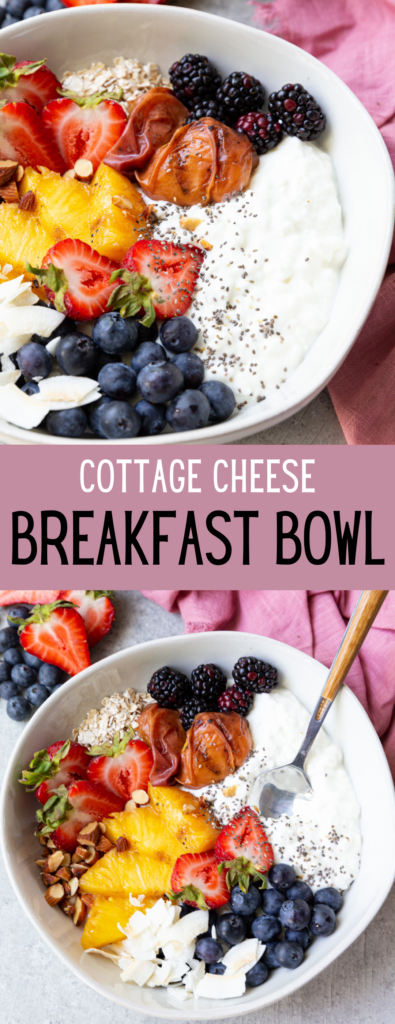 High protein cottage cheese breakfast bowl with grilled fruit, fresh berries, nuts, seeds, and more. 