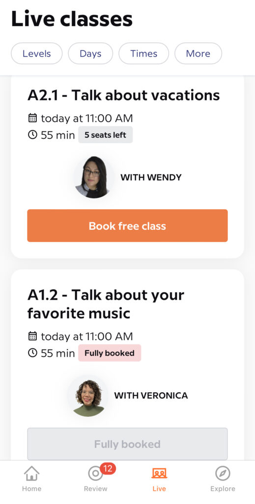 Live classes on the language app Babbel