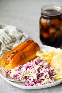 The best ever summer coleslaw, crunchy, tangy dressing, and so delicious with both red and green cabbage.