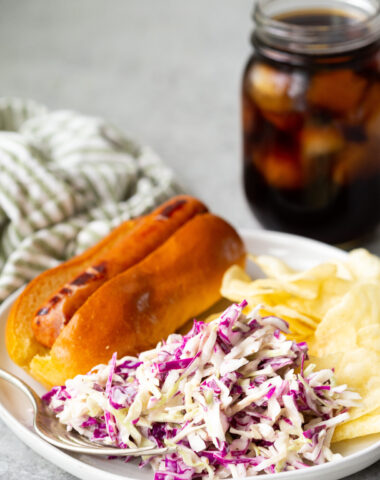 The best ever summer coleslaw, crunchy, tangy dressing, and so delicious with both red and green cabbage.