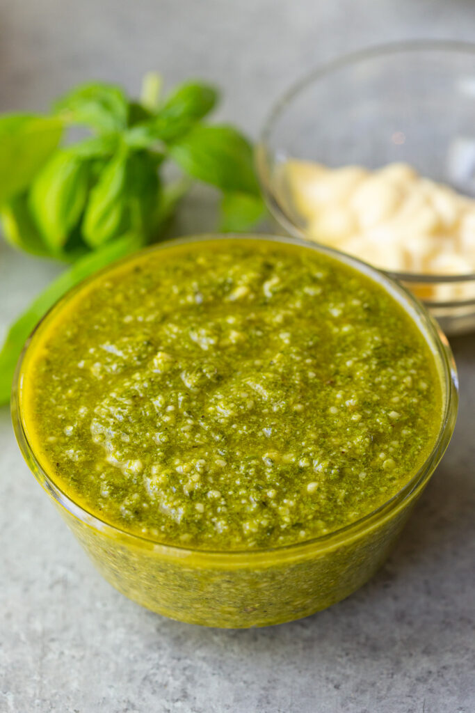 Pesto for a pesto pasta salad, basil pesto