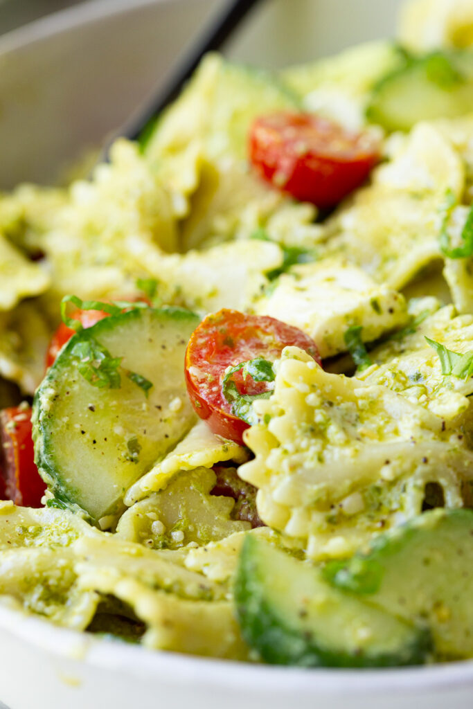 A bowl of easy pesto pasta salad