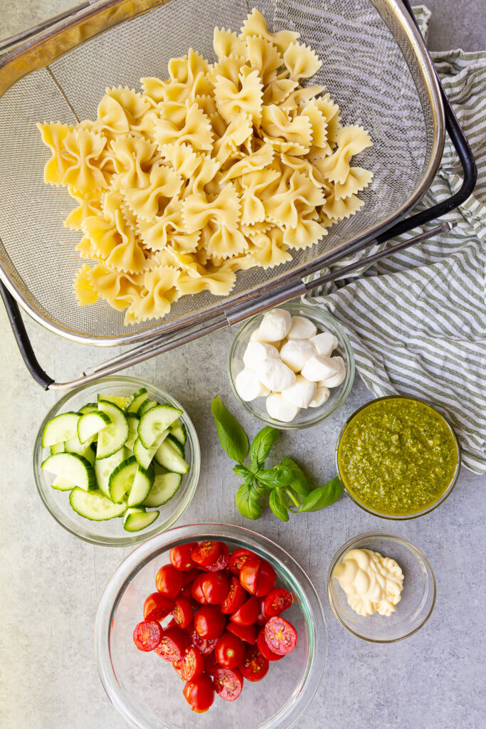 ingredients needed for a pesto pasta salad