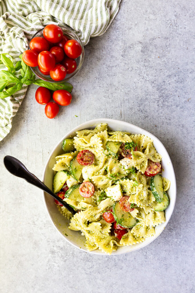 A bowl of easy to make pesto pasta salad