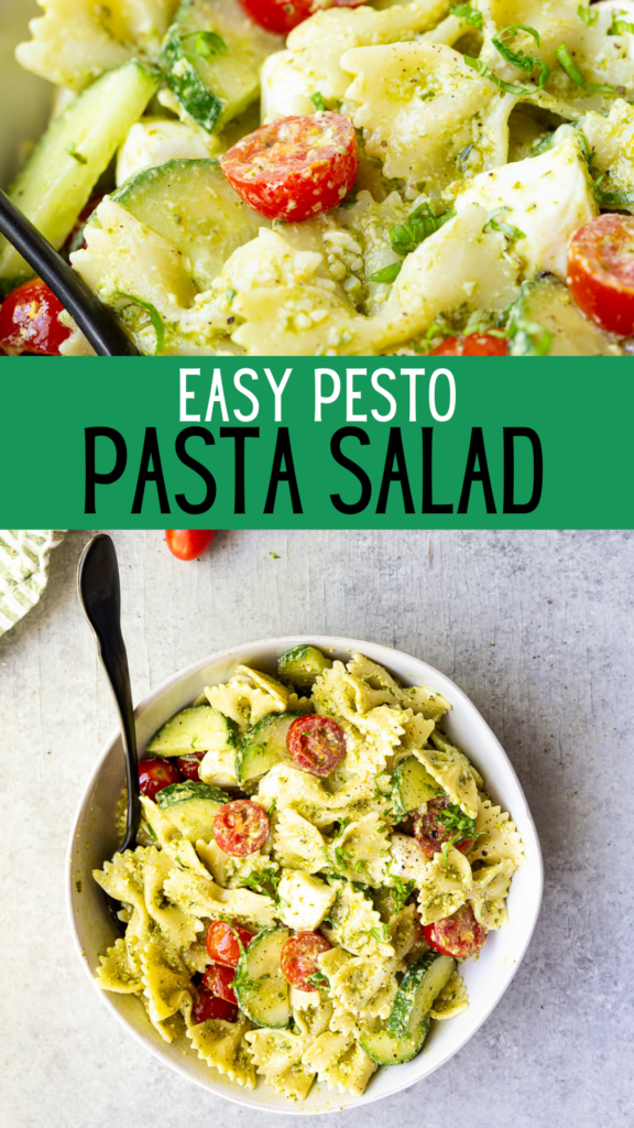 The easiest and yummiest pesto pasta salad. Crisp cucumbers, tangy tomatoes, creamy mozzarella, and tender pasta bathed in a delicious pesto sauce. Best served cold. 