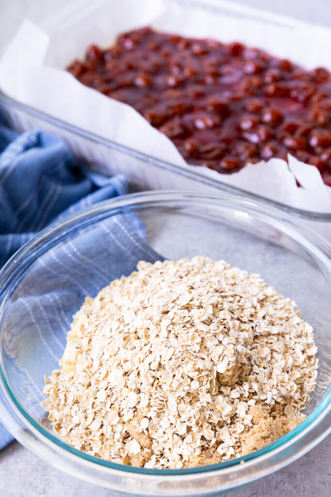 Making the oatmeal crumble to go on top of the cherry pie bars