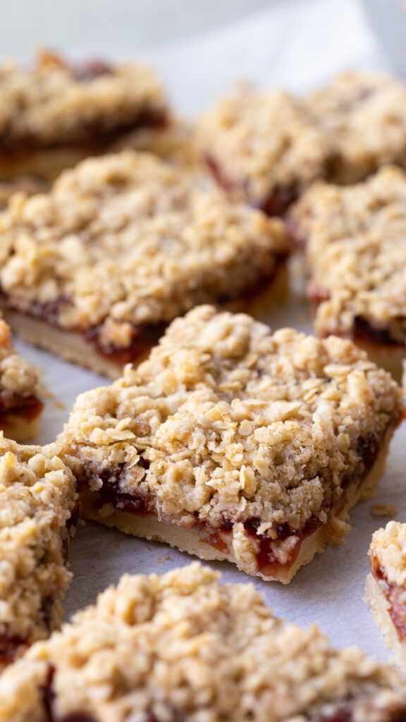 Cut oatmeal crumble topped cherry pie bars