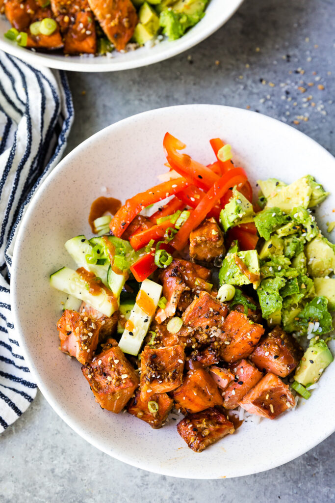 Delicious air fried honey sriracha salmon rice bowls