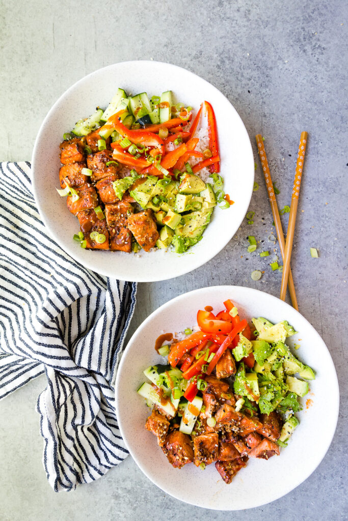 Salmon Rice Bowls- tangy veggies, sweet heat salmon, tender rice, and creamy avocado