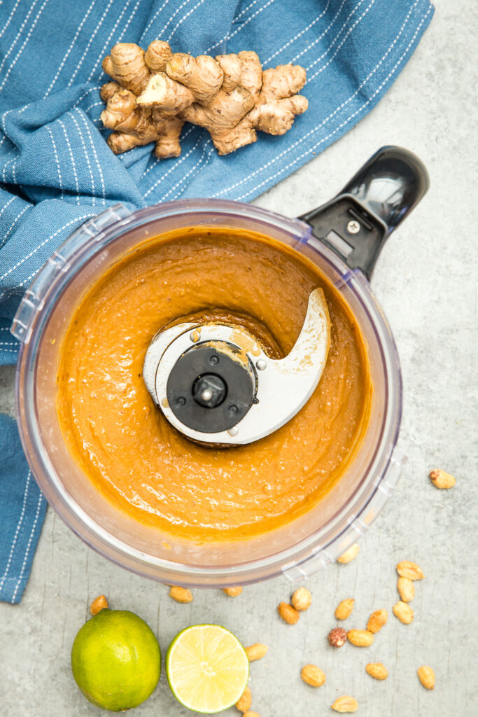Peanut sauce all mixed together in a food processor