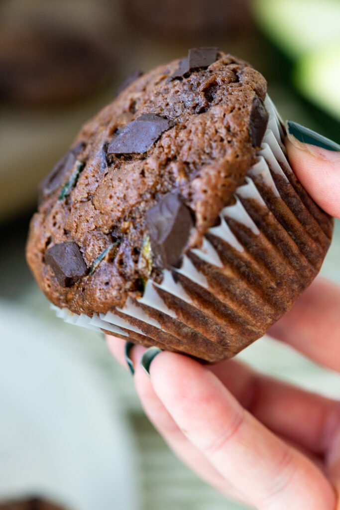 the most delicious chocolate chunk muffins with zucchini