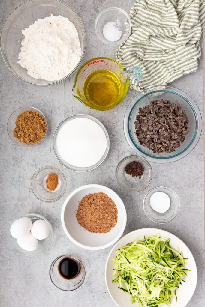 All the ingredients needed to make chocolate chip zucchini muffins
