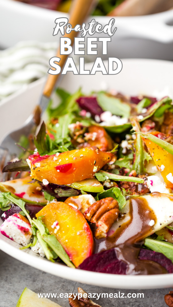 The most delicious fall salad, this beet salad is loaded with crunch, earthy beets, tangy apple slices, sweet and nutty pecans, tangy goat cheese, and a homemade balsamic vinaigrette that brings it all together.