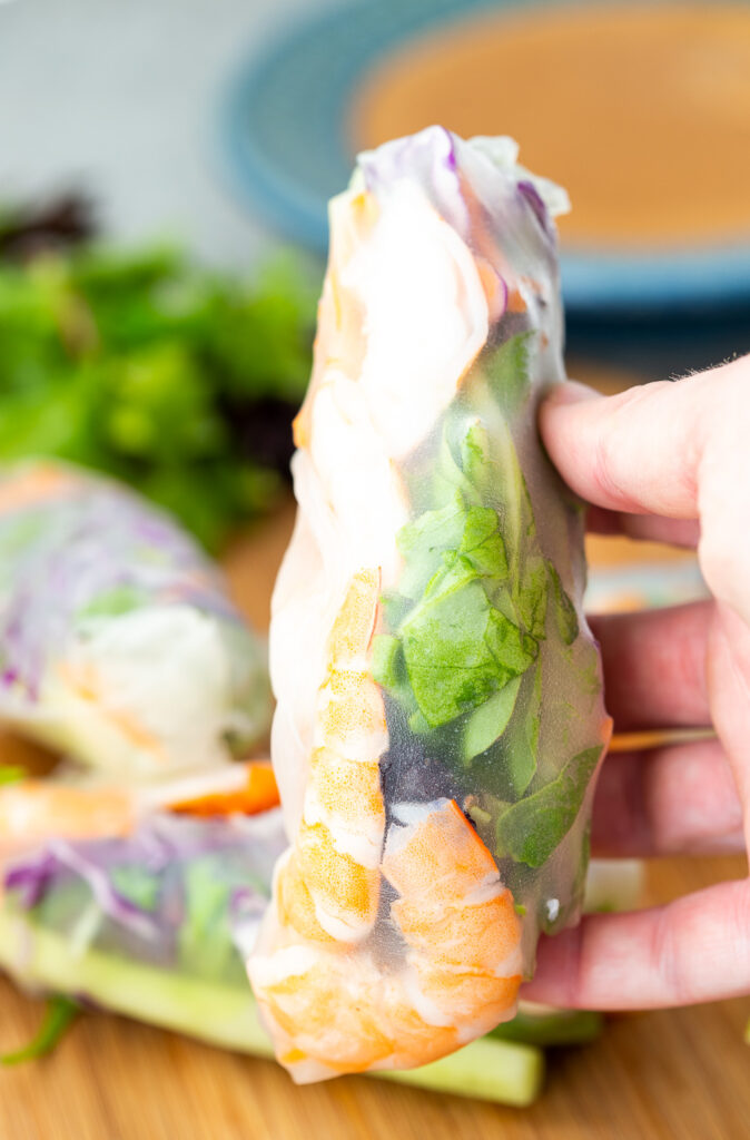 Making spring rolls with rice paper wrappers and stuffed with shrimp, mint, fresh veggies, etc 