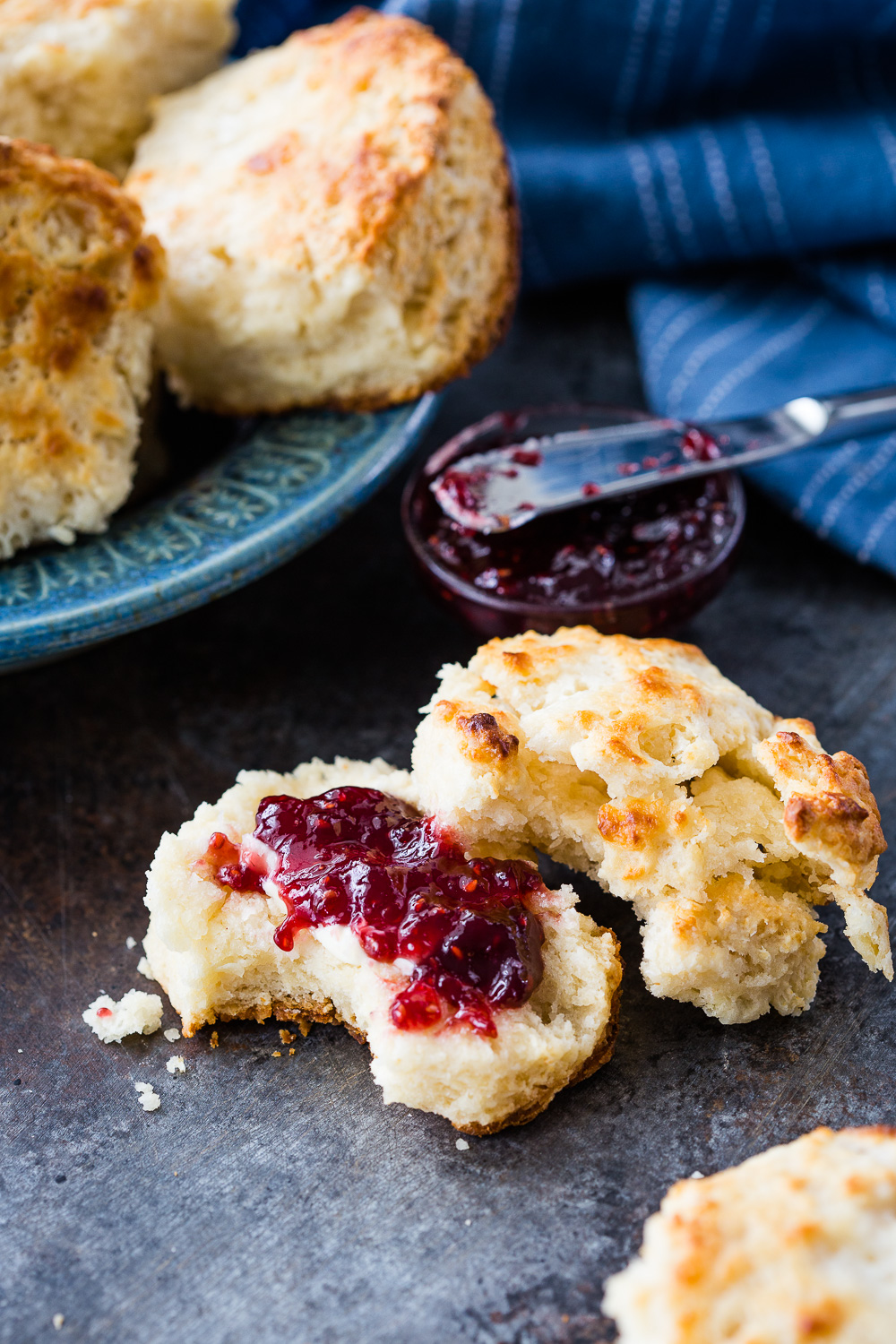 Flaky buttermilk biscuits cooked in a cast iron pan. 