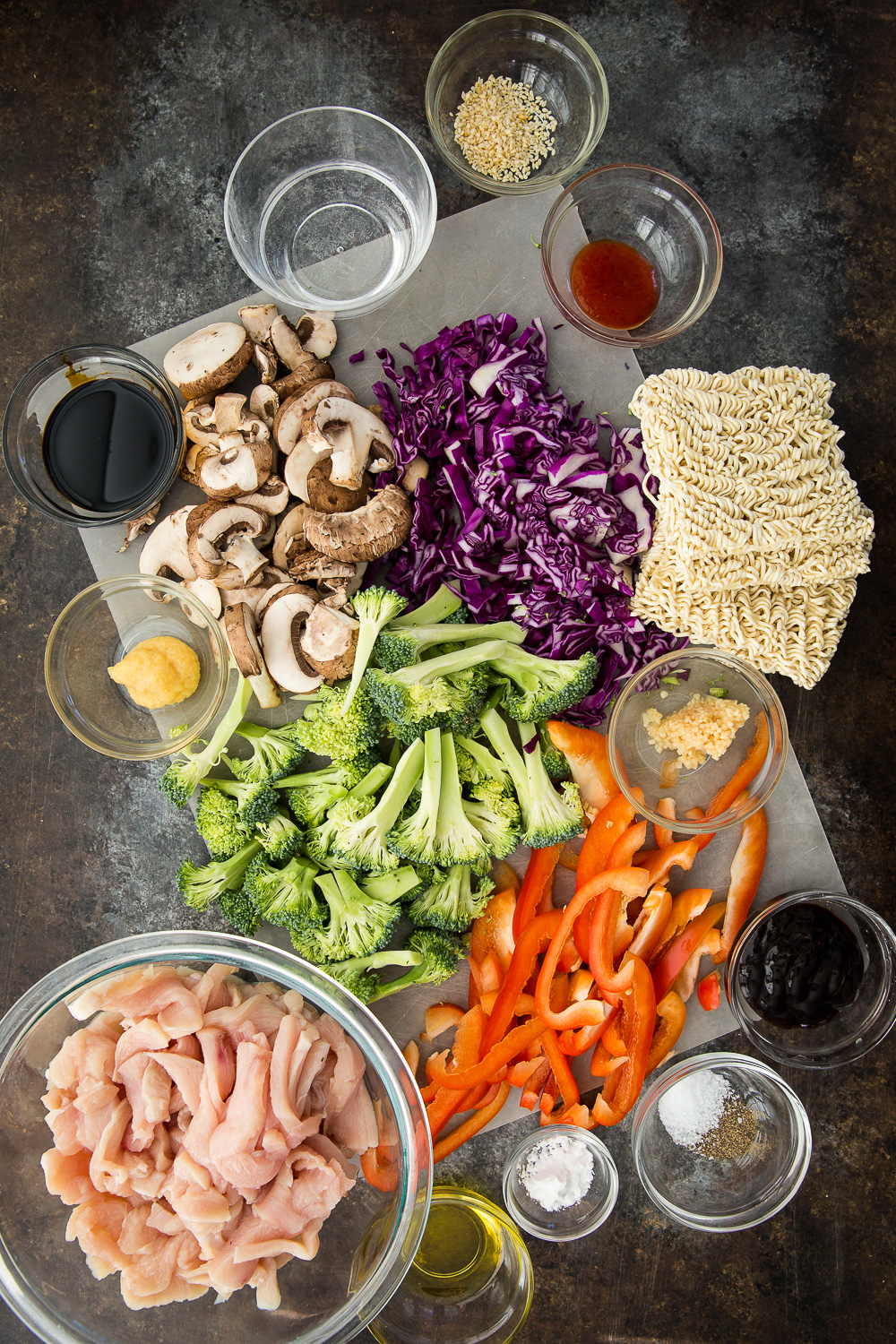 Ingredients for making chicken ramen stir fry