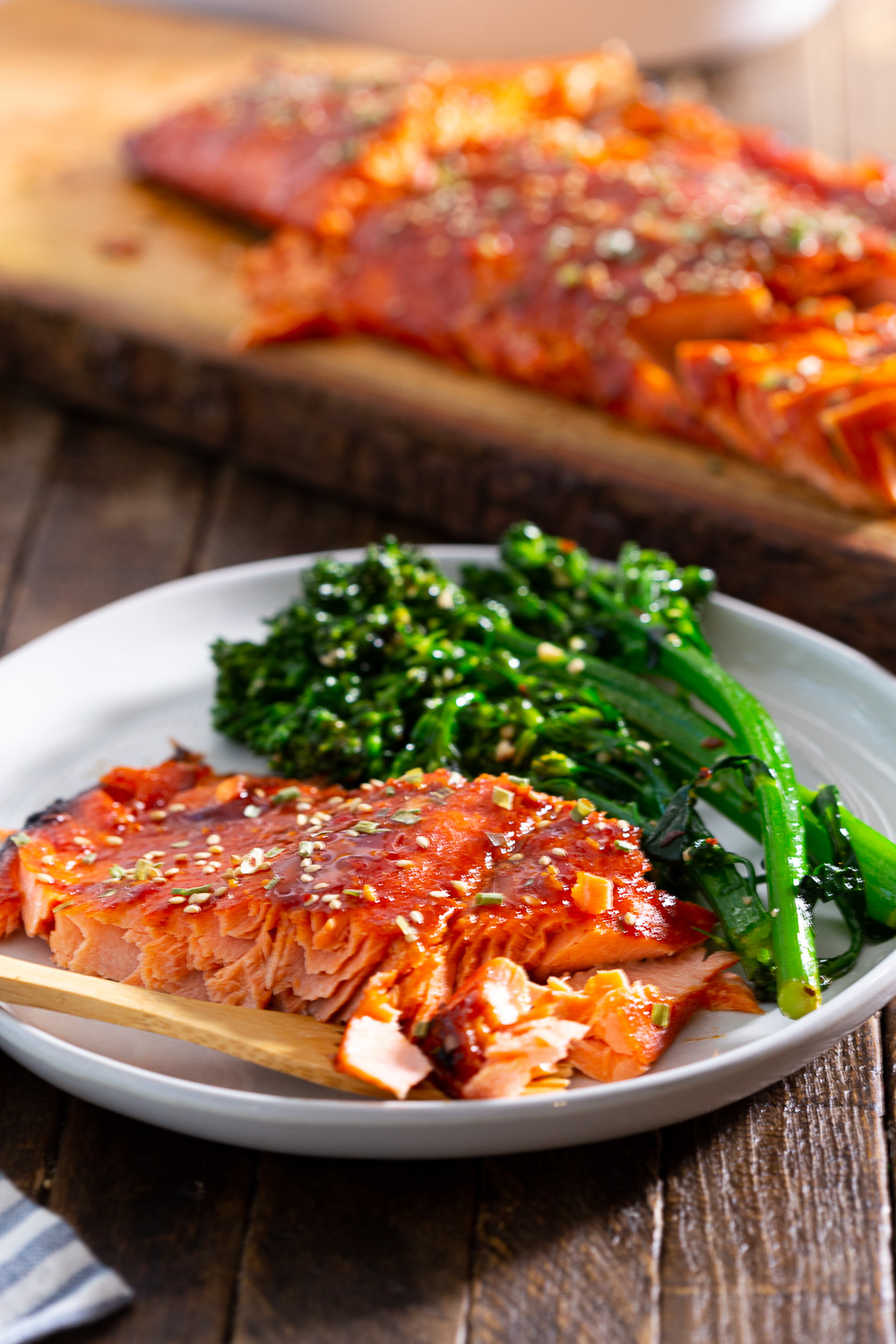 Serving garlic broccolini with salmon for a simple meal