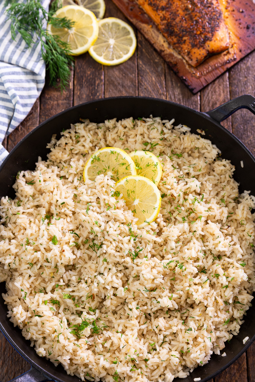 Lemon Dill Rice and Cedar Bay Salmon, this cedar plank salmon comes pre sauced and marinated, and can be served with this simple but delicious rice recipe. 
