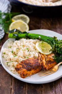 Cedar Bay Grilling Company Salmon with fluffy, fragrant, easy to make lemon dill rice.