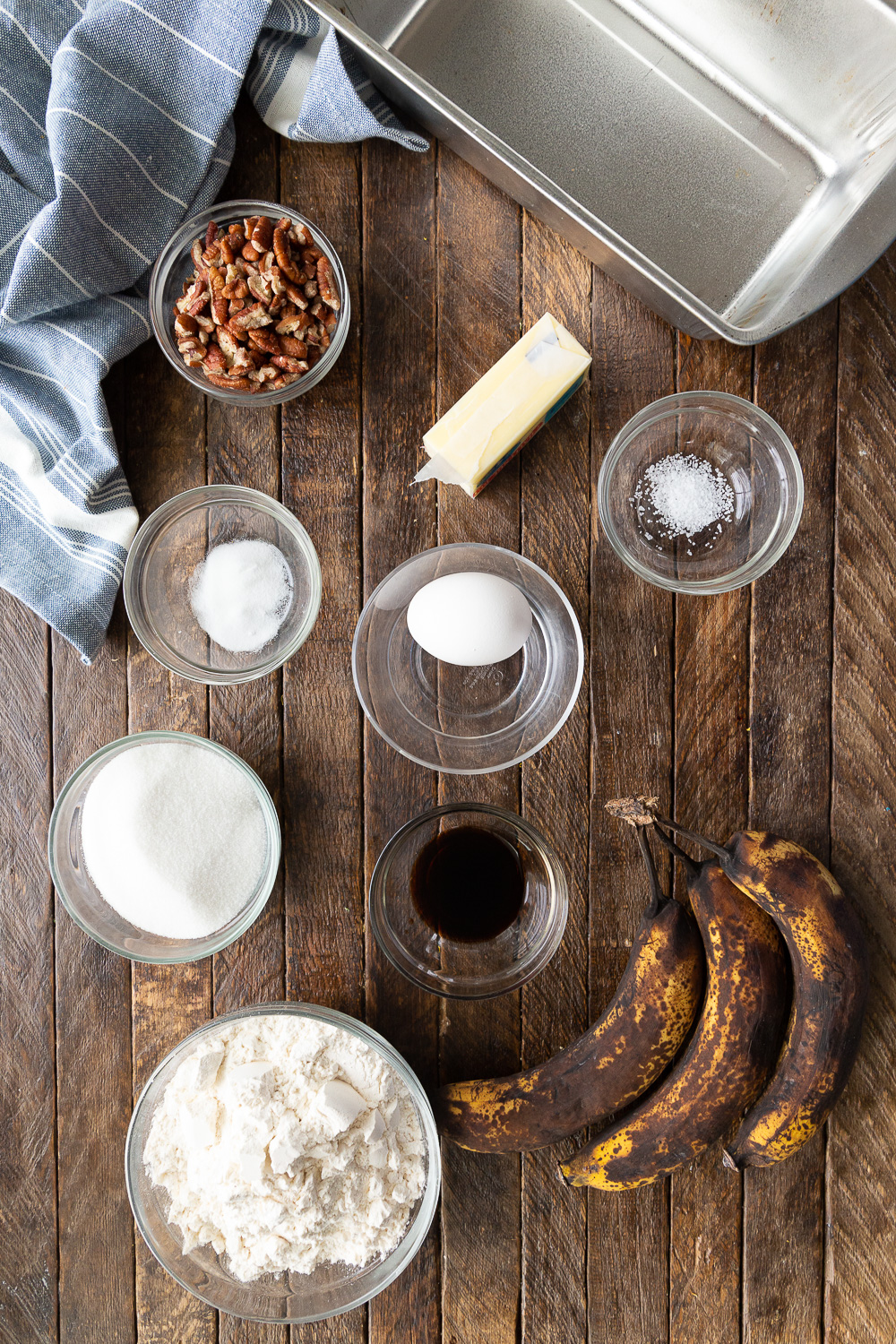 Ingredients needed for browned butter banana bread. 