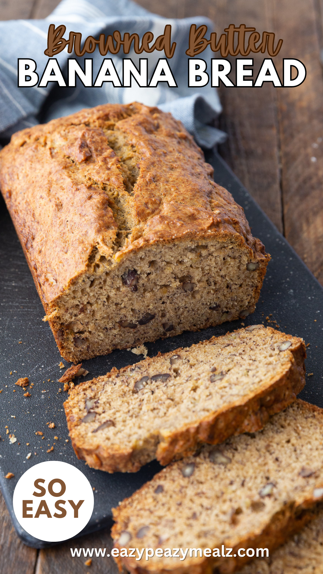 Browned butter banana bread, a simple banana bread elevated with browned butter. 