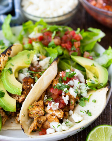 Easy chicken tacos, a simple spice rubbed chicken cooked stove top to make for the best, juiciest tacos.