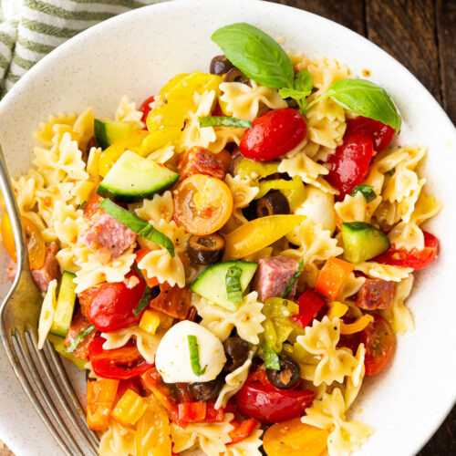 Easy Pasta Salad with a 2 ingredient dressing.