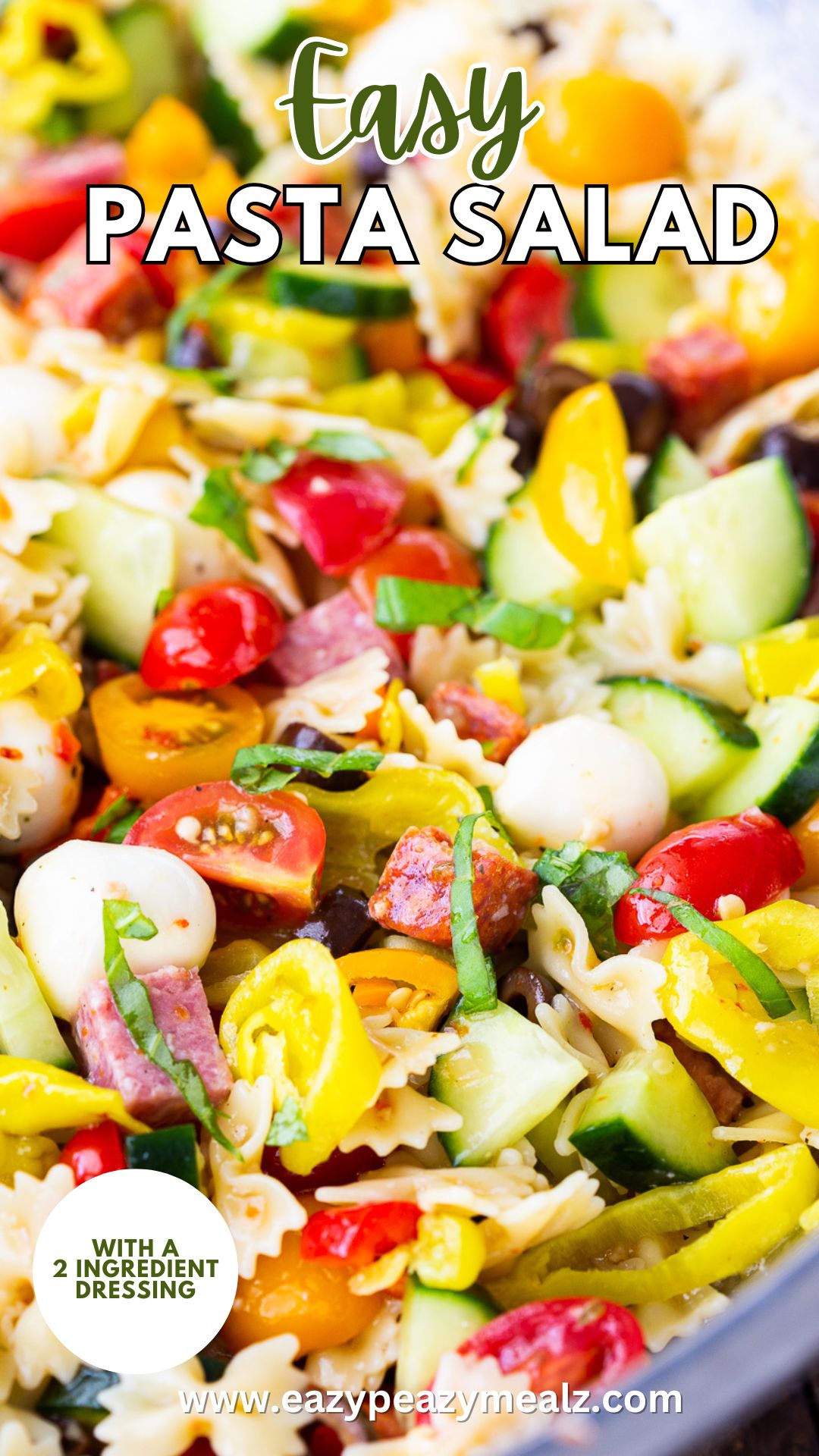 Easy Pasta Salad is loaded with crunch, color, and flavor, and is so easy to make with a simple 2 ingredient dressing. This will be your go to potluck item all summer long. 