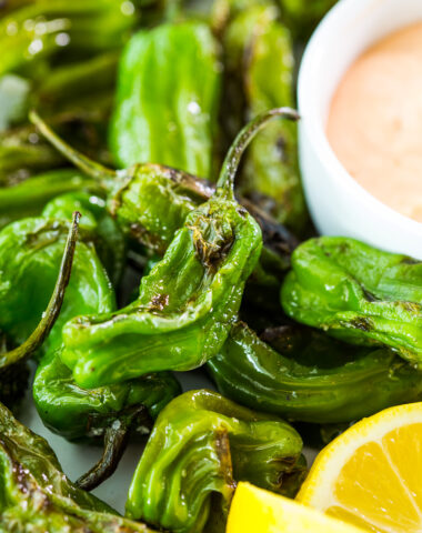 Simple blistered shishito peppers with spicy mayo dipping sauce
