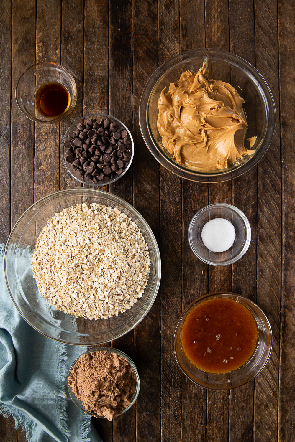 The ingredients needed to make chocolate peanut butter protein balls
