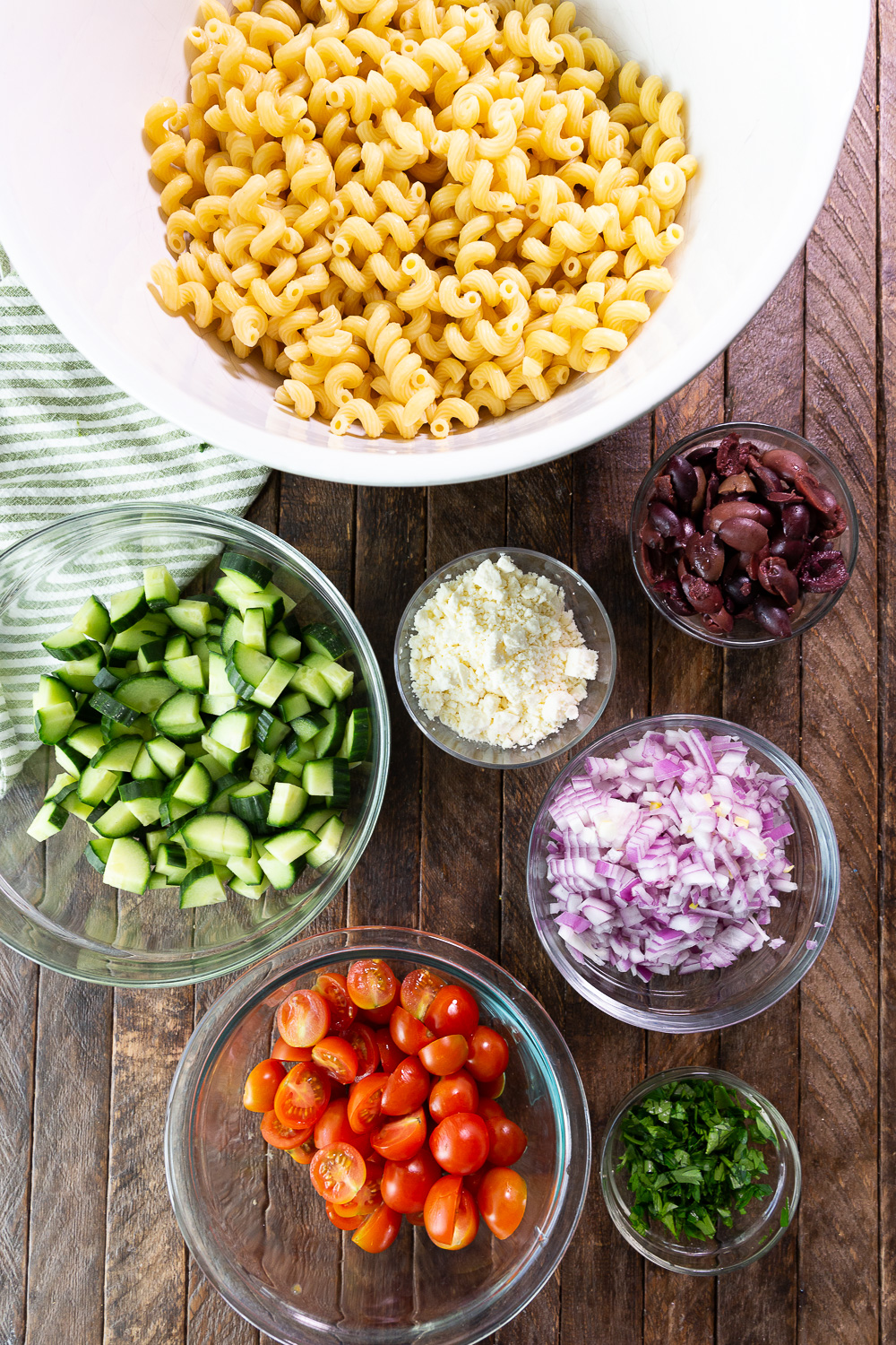 The ingredients you need to make Mediterranean Pasta Salad. 