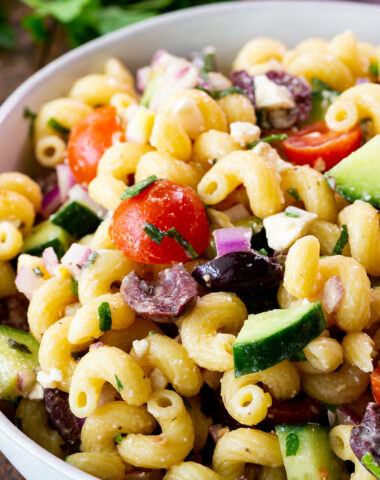 Mediterranean Pasta Salad- with a homemade dressing and all your favorite vegetables.