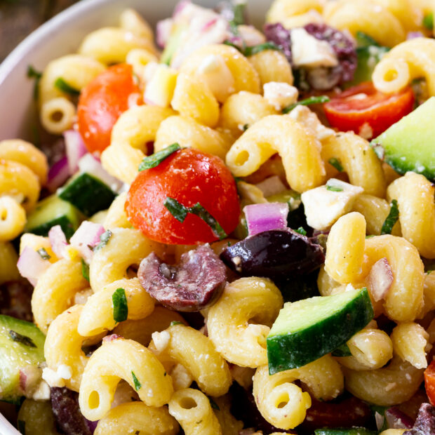 Mediterranean Pasta Salad- with a homemade dressing and all your favorite vegetables.