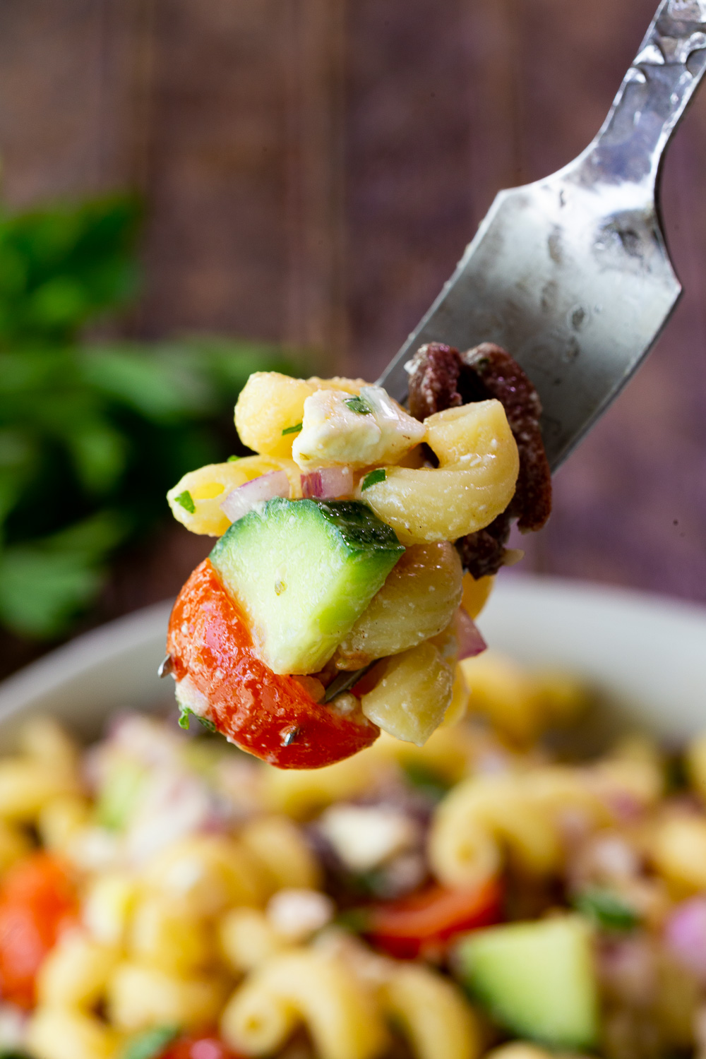 A bite of Mediterranean Pasta Salad