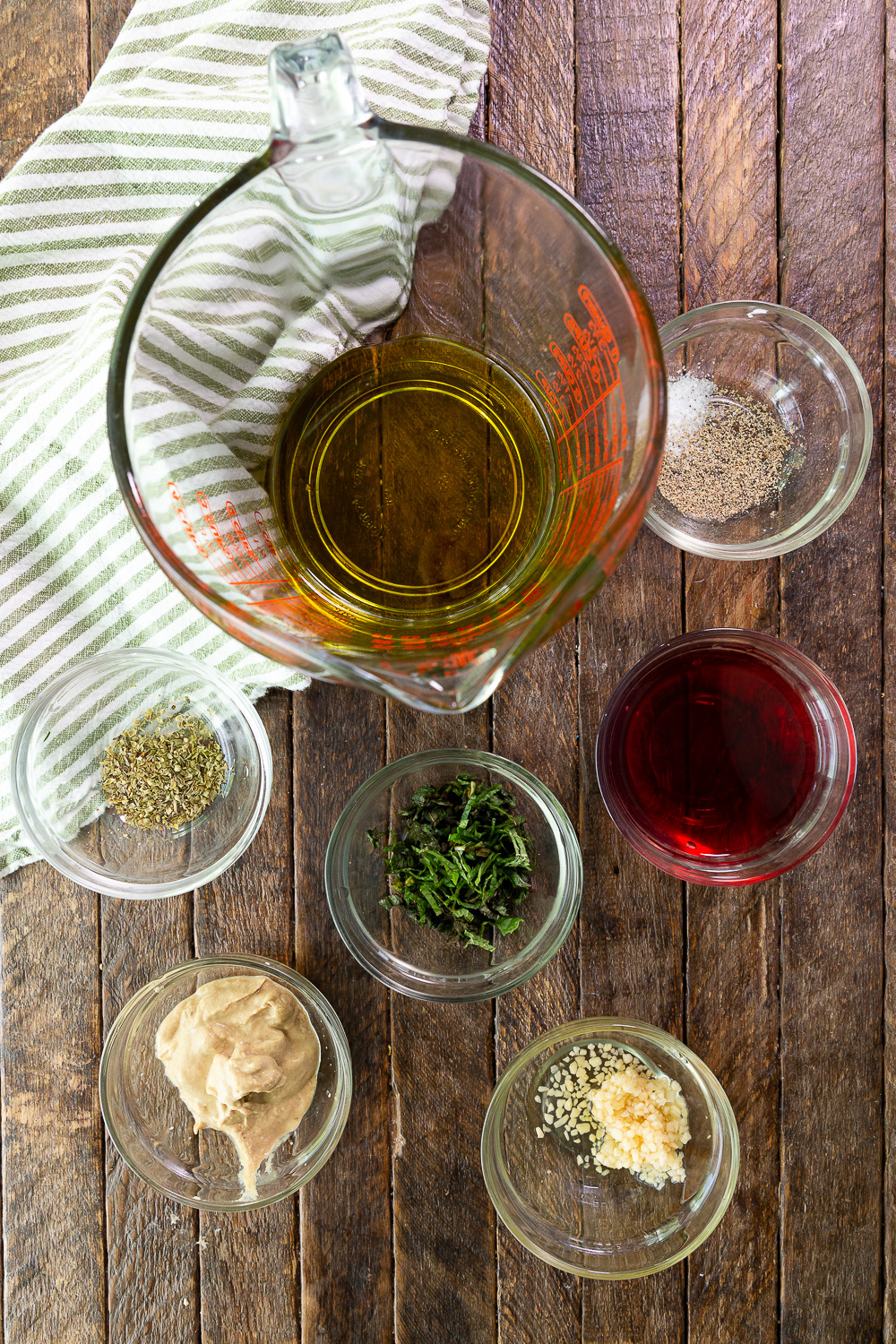 The ingredients you need for a simple dressing for Mediterranean Pasta Salad. 