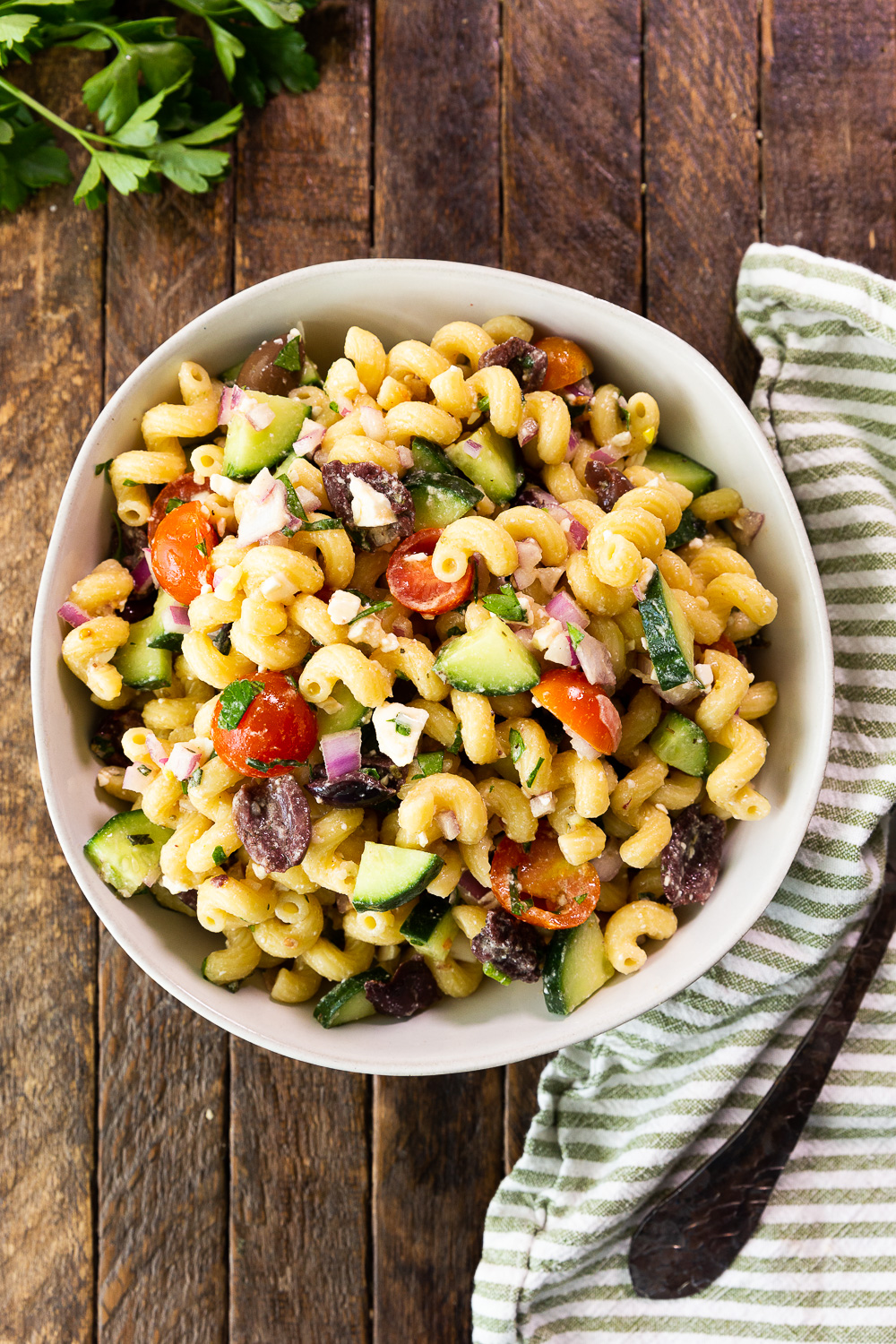 Mediterranean Pasta Salad, a delightful and easy pasta salad with simple ingredients and an easy homemade dressing. 