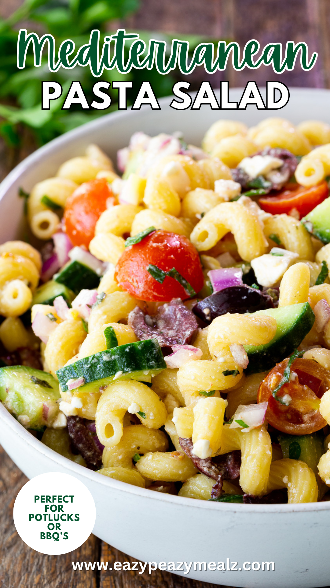 Mediterranean Pasta Salad, a crave worthy pasta salad that is perfect for potlucks, BBQs, a main dish or a side. Loaded with flavor, but super simple to make with easy to find ingredients. 