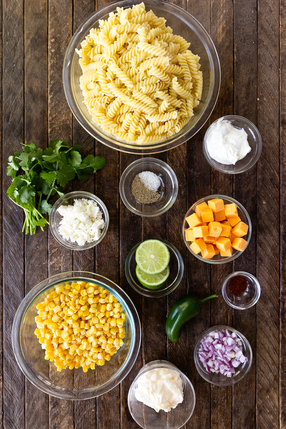 What you need to make a street corn pasta salad, elote pasta salad, or Mexican street corn pasta salad. 