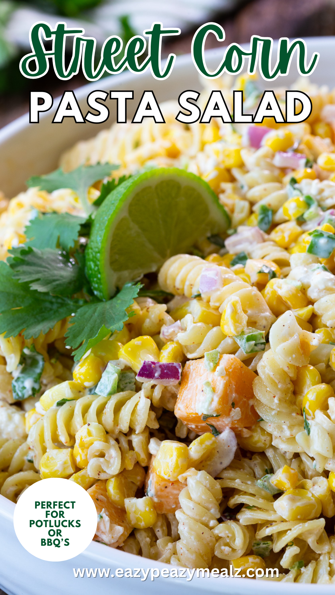 The best ever Street Corn Pasta, a Mexican Street Corn or Elote inspired pasta salad that is creamy and delicious. 