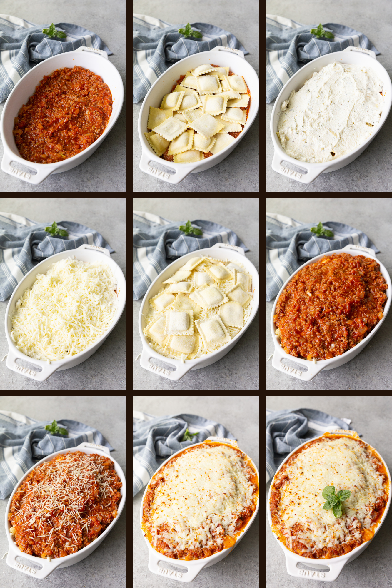 Making ravioli lasagna. Easy steps for layering lasagna. 
