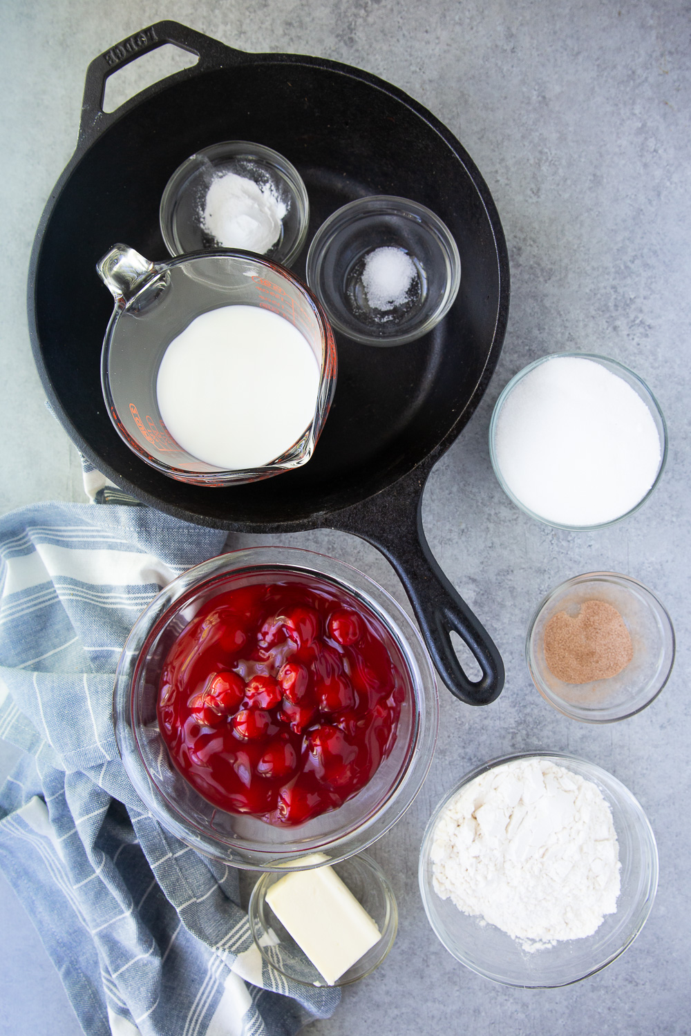 Cherry cobbler, the ingredients you need for a cast iron or dutch oven cobbler with montmorency tart cherries.